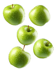 Green apples with water droplets png isolated on transparent background