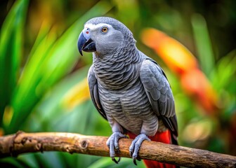Fototapeta premium Realistic grey parrot photography: stunning candid shots of African greys in their natural habitat.