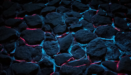 Obraz premium black rock and blue neon rock floor texture, black background