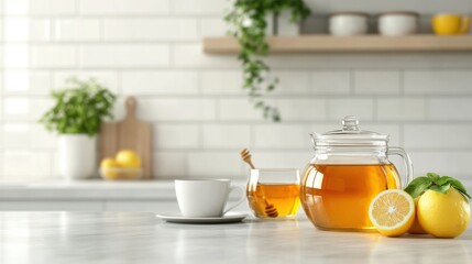 Relaxing Afternoon Tea Scene with Glass Teapot, Honey, Fresh Lemons, and a White Cup on a Kitchen Counter with Bright Natural Light and Greenery in the Background