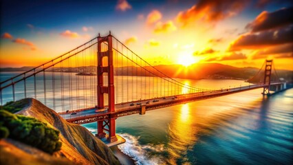 Obraz premium San Francisco's iconic bridge ablaze at sunset, a charming miniature panorama.
