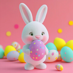 Fototapeta premium Cute 3d Plush Bunny Holding Egg Pink Background Happy Easter Concept Greeting Card