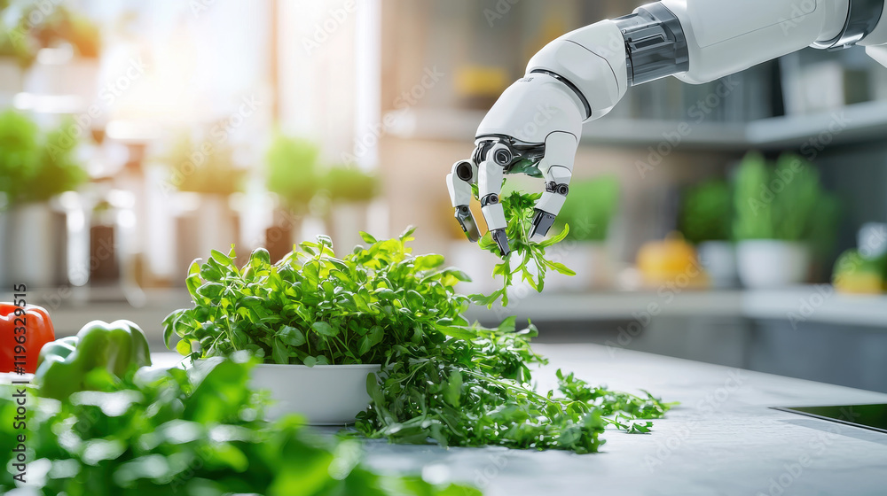 Aufkleber robotic hand skillfully prepares fresh vegetables in modern kitchen, showcasing advanced technology 