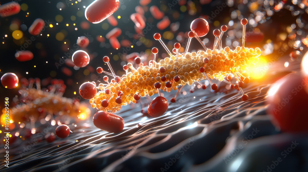 Poster futuristic depiction of nanobot swarm assembling on surface, showcasing intricate details and vibrant colors. scene captures essence of advanced technology and molecular interaction