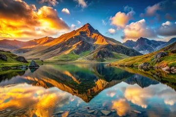 Snowdonia's summit glows, a serene lake reflecting the sunrise's embrace on its tranquil surface.