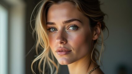 Fototapeta premium A woman with long blonde hair and blue eyes looking out a window
