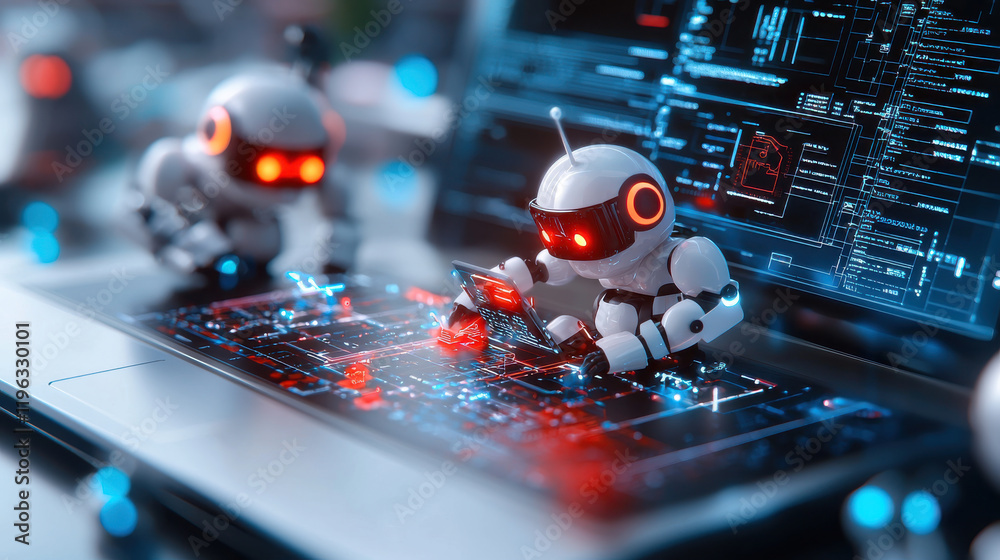 Poster Futuristic engineering lab with robotic assistants working on technology. scene showcases advanced robotics and digital interfaces, creating innovative atmosphere