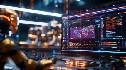 Futuristic engineering lab with robotic assistants and advanced technology. robot interacts with computer displaying global data and coding