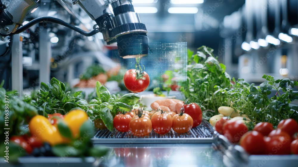Leinwandbilder futuristic food factory with machines creating custom meals, featuring robotic arms selecting fresh tomatoes and herbs from vibrant array of vegetables