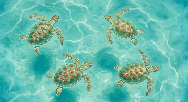 Beautiful Sea Turtles Swimming in Turquoise Ocean Water Detailed Illustration Colorful Aquatic Wildlife art   