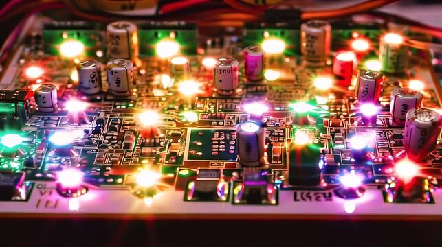 Illuminated circuit board, close-up, colorful LEDs, tech background, website design