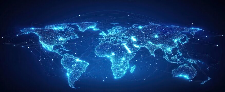 Global network connections, data flow, dark background, website banner