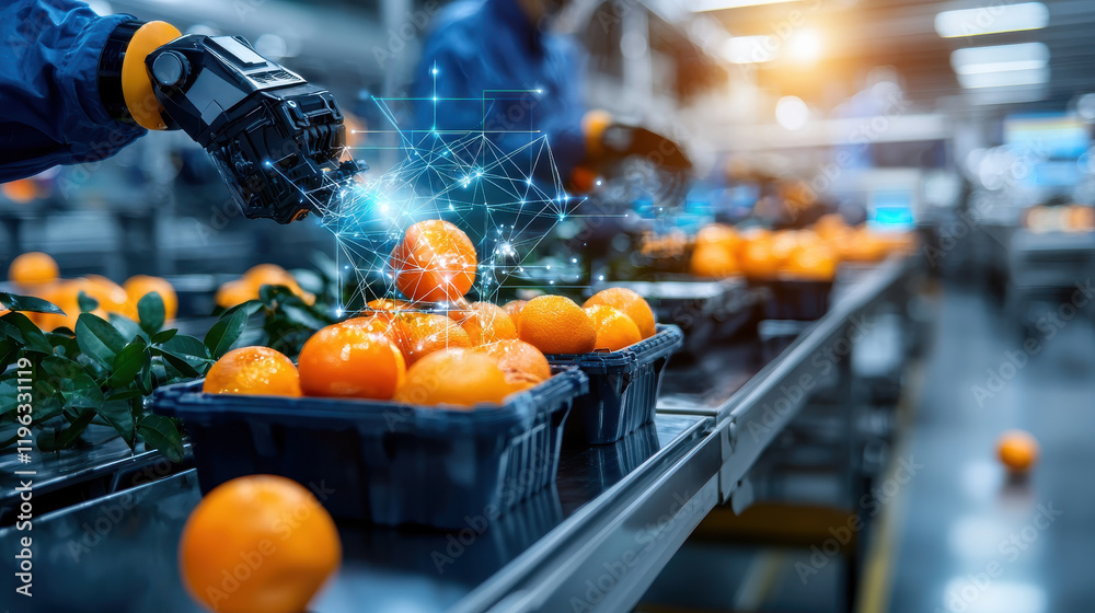Poster Futuristic fruit processing facility with robots packing oranges efficiently. Advanced technology enhances productivity and precision in agriculture