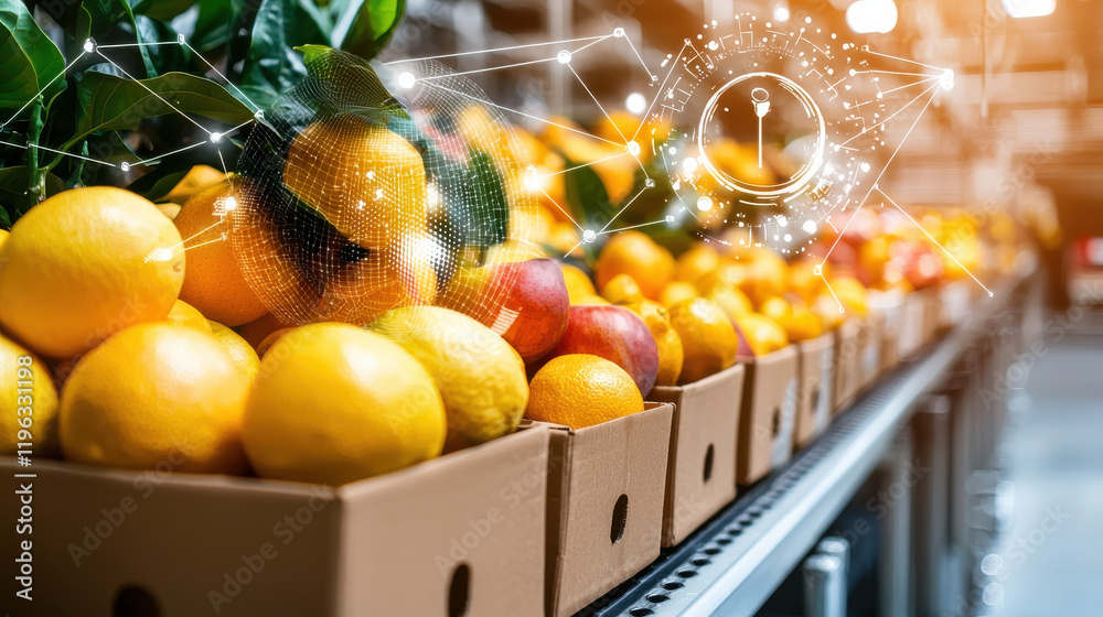 Leinwandbilder futuristic fruit processing facility with robots packing oranges and apples. advanced technology enh