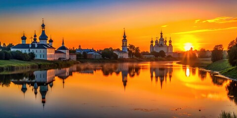 Naklejka premium Vologda's tranquil sunset, a minimalist Russian city captured.