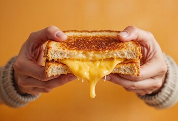 Close-up of hands holding a gooey grilled cheese sandwich for National Grilled Cheese Month celebration.