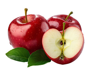 Red apple whole and half png isolated on transparent background