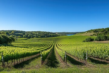 Fototapeta premium Sun-drenched Vineyards along the A3: A Panoramic Vista of Lush Green Hills and Rolling Terraces sky 
