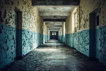 Obraz premium HD background with a long, dimly lit corridor in an abandoned mental hospital. Peeling paint and broken tiles adorn the walls and floors, creating a creepy and dramatic atmosphere.
