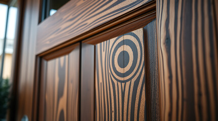 Close-up of a Rich Brown Wooden Door with Intricate Grain and Circular Design.  A perfect example of modern architectural detail and luxury home design.