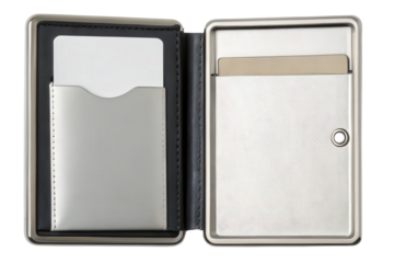 Silver metal card holder with leather detail isolated with transparent background