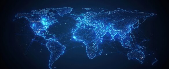 Global network connections, dark background, data visualization, world map