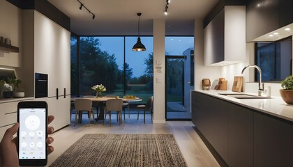 "Smart home technology in a modern kitchen and dining area with sleek design, energy-efficient appliances, integrated lighting, and smartphone control."