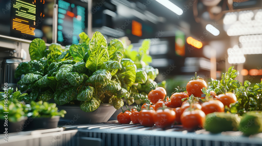 Poster fresh vegetables displayed in futuristic market setup, featuring vibrant tomatoes and leafy greens, 
