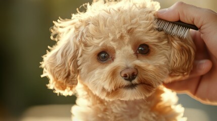 3.A warm and intimate moment of a man brushing a Maltipoo puppy's soft fur, with the puppy's expressive eyes and curled tail in sharp focus while soft bristles glide through its hair.