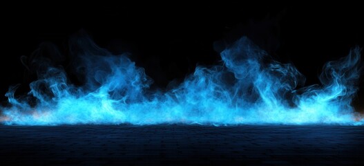 Blue fire flames ground effect, dark background, VFX