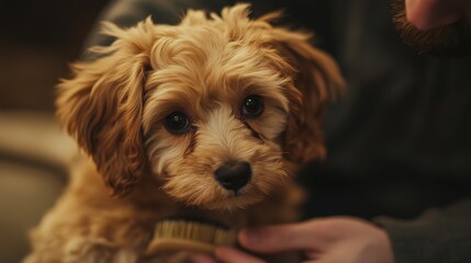 3.A warm and intimate moment of a man brushing a Maltipoo puppy's soft fur, with the puppy's expressive eyes and curled tail in sharp focus while soft bristles glide through its hair.
