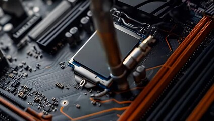 Technician installing CPU, motherboard closeup, workshop background, tech repair