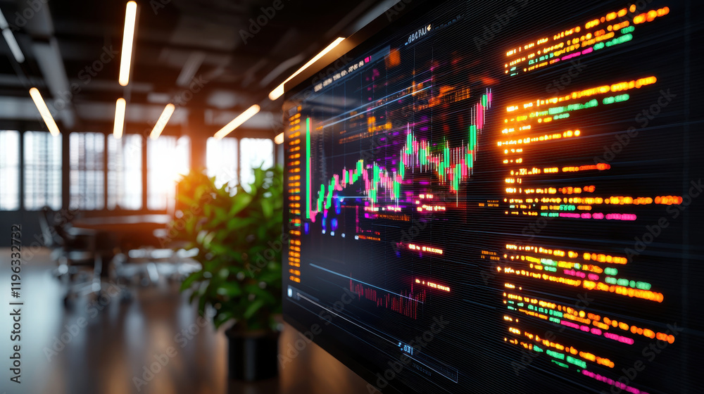 Poster futuristic office space with live market dashboards displaying data trends. vibrant colors and moder