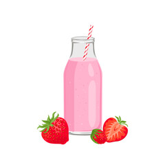Pink strawberry smoothie in bottle with straw. Healthy juice and fresh berry. Vector cartoon flat illustration.