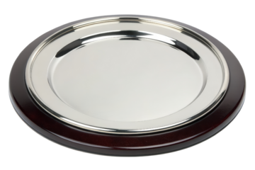 Silver plate with dark wood base isolated with transparent background