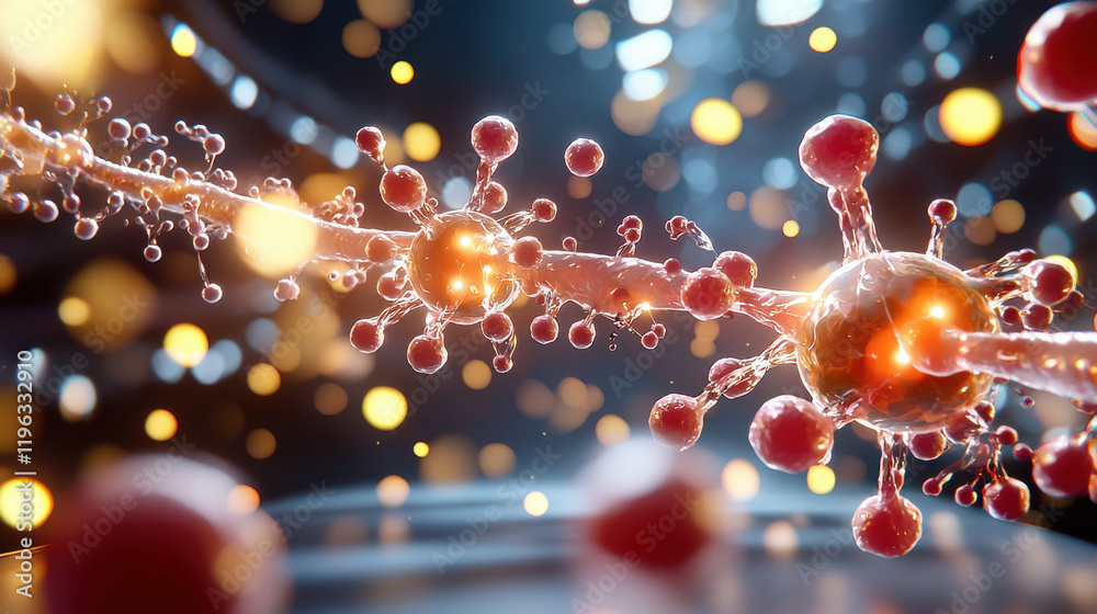 Poster Futuristic rendering of nanotechnology in biotechnology, showcasing intricate molecular structures and glowing particles. This captures essence of advanced scientific innovation