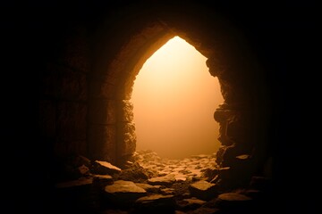 A high-resolution studio background with an ancient stone archway crumbling into darkness. Dim, warm light from an unseen source casts soft, flickering shadows, evoking a sense of mystery and decay.