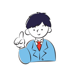 Simple hand-drawn illustration of a male student in a blazer raising his index finger.