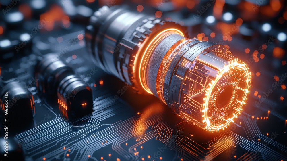 Fototapete futuristic rendering of solid state technology components with glowing elements, showcasing intricat