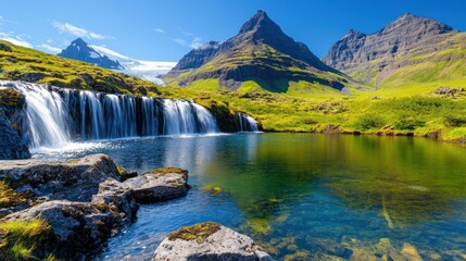 Fototapeta premium Serene mountain waterfall and lake