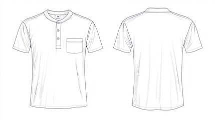 35.A half-button tee shirt fashion flat technical drawing template featuring a relaxed fit. The design shows both front and back views of the unisex garment, outlined in clean, technical lines. The