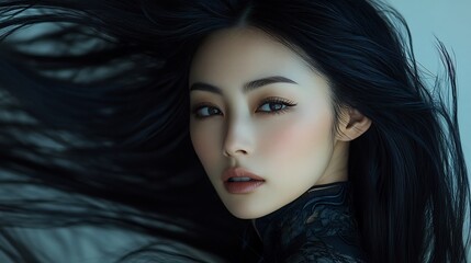 Fototapeta premium Mysterious Beauty: A Portrait of a Woman with Flowing Black Hair