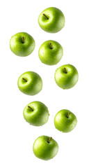 Green apples with water droplets png isolated on transparent background