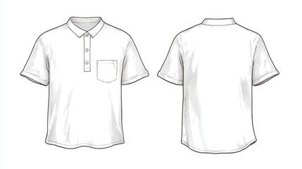 40.A detailed fashion technical illustration of a half-button unisex t-shirt in a relaxed fit, shown in both front and back views. The shirt is depicted in clean, precise lines with a white color,