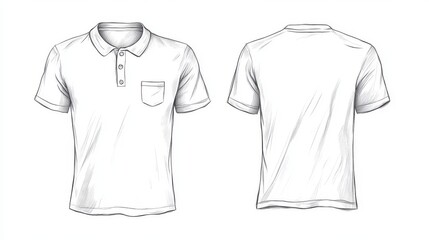 41.A technical fashion drawing of a half-button unisex t-shirt, displayed in both front and back perspectives. The shirt is sketched in a relaxed fit with attention to detail, including the button