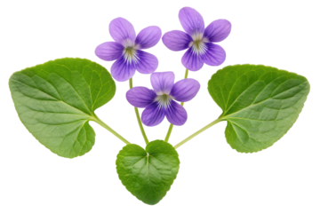 Three purple violets with heart-shaped leaves isolated with transparent background