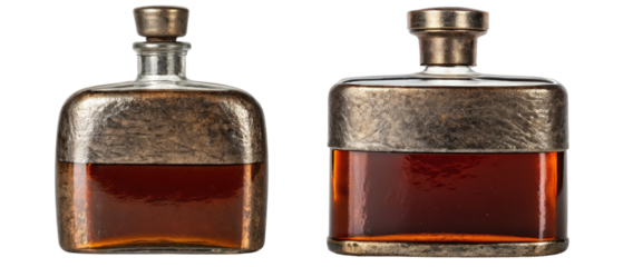 Two antique liquor bottles with metal caps isolated with transparent background