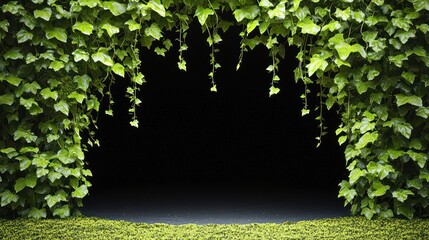 Obraz premium Lush green foliage framing a dark background for a serene atmosphere.
