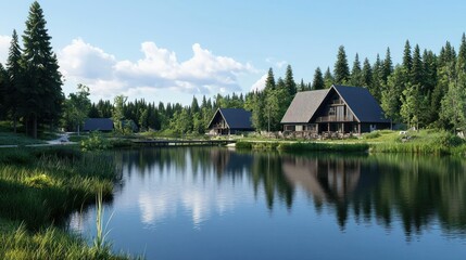 Tranquil Lake and Cabin in Mountain Forest
