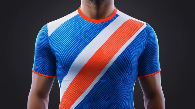 58.A detailed design mockup of a soccer jersey template, including customizable areas for team logos, numbers, and sponsorships. The jersey features bold graphics and a sporty design, with a focus on